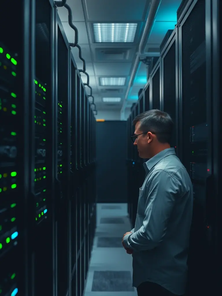 A clean and organized server room in a medical office, showcasing neatly arranged cables and network equipment, emphasizing reliability and security.