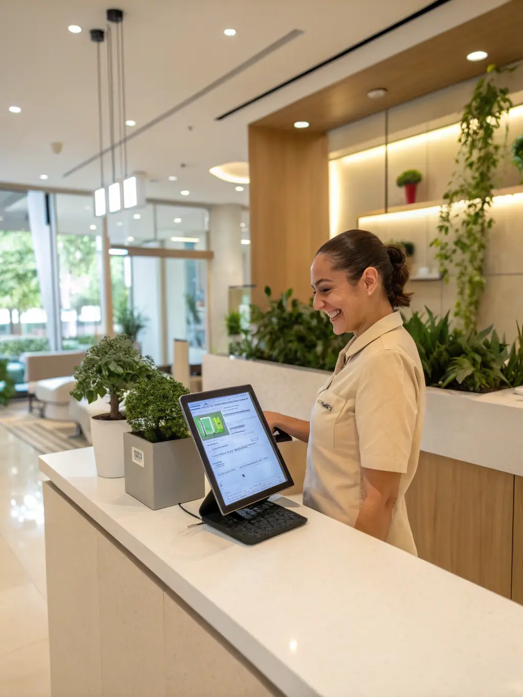 Hotel staff using tablets and mobile devices to manage operations efficiently, highlighting improved productivity.