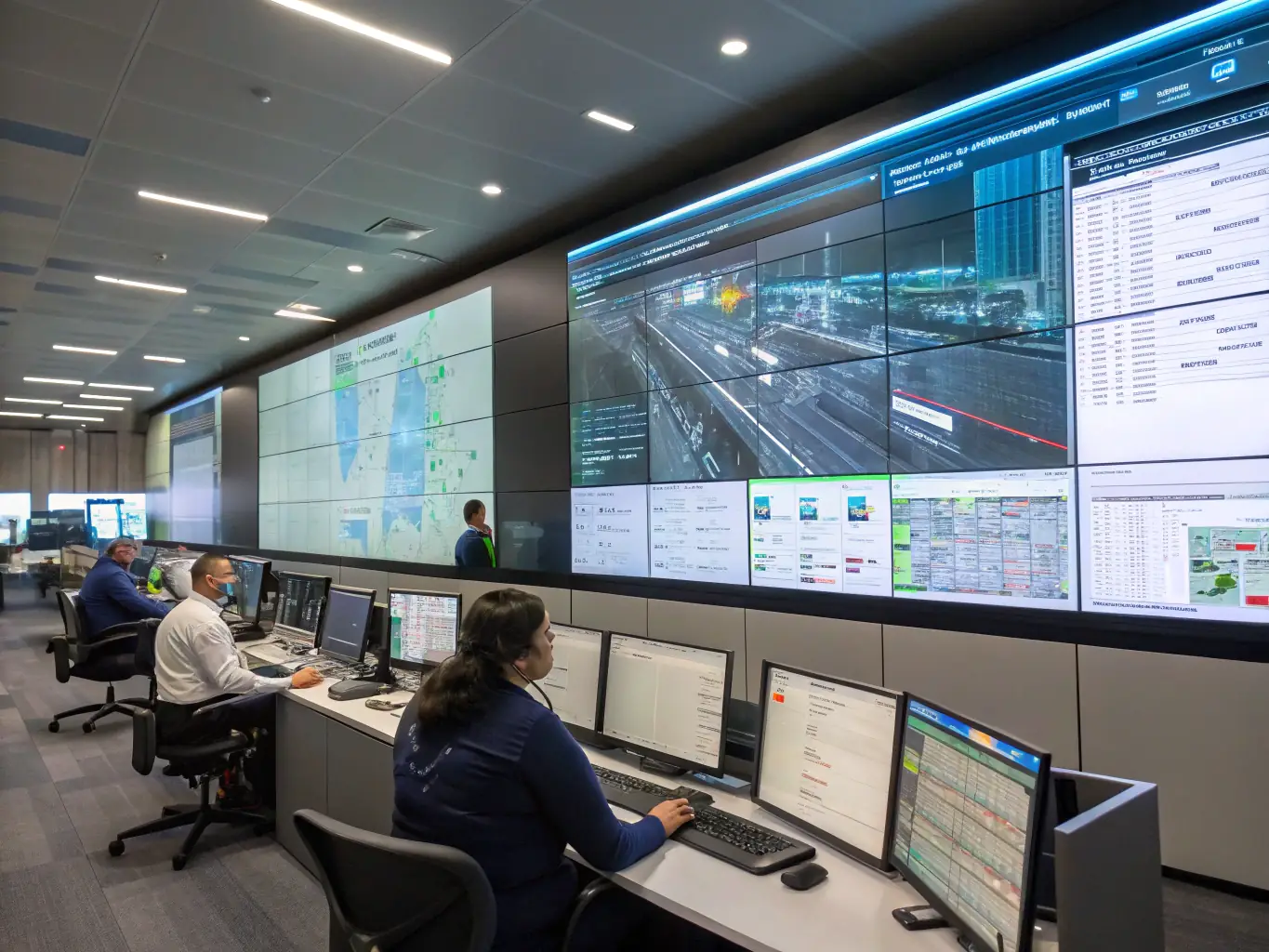 A high-angle shot of a modern logistics control center, showing multiple screens displaying real-time tracking data of delivery vehicles, with a focus on the structured cabling visible in the background.