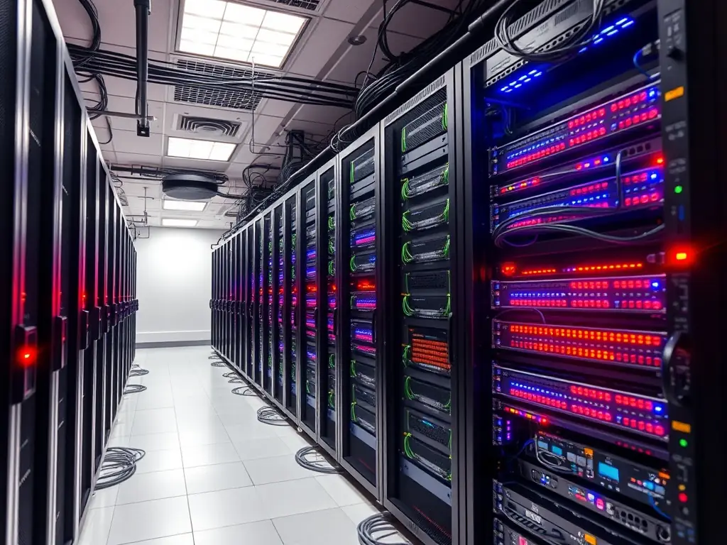 A wide, high-resolution photograph depicting a clean and organized server room within a warehouse, showcasing neatly arranged and labeled network cables. The lighting is bright and professional, emphasizing the orderliness and efficiency of the cabling system.