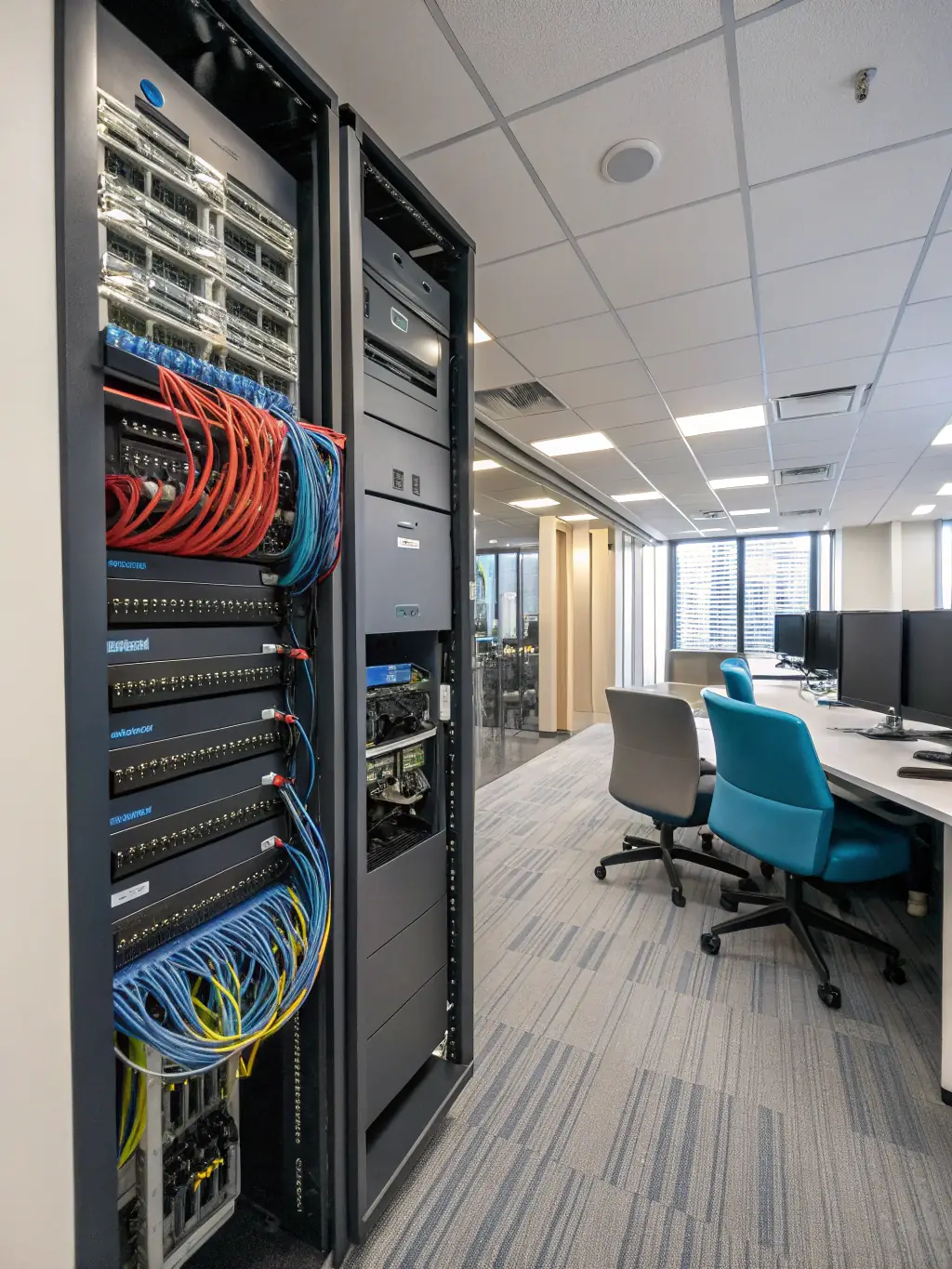 A modern multi-tenant office building with visible network cabling infrastructure, highlighting the organized and scalable cabling solutions provided by Network Cabling Atlanta.