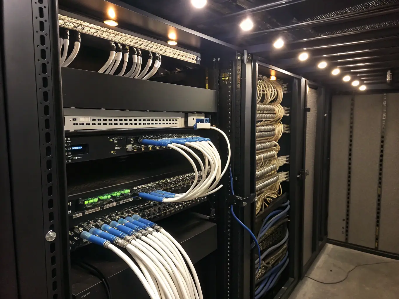 A high-angle shot of a clean and organized network cabling setup in a restaurant's back office, showcasing neatly arranged cables and equipment, emphasizing the professionalism and efficiency of Network Cabling Atlanta's installation services.