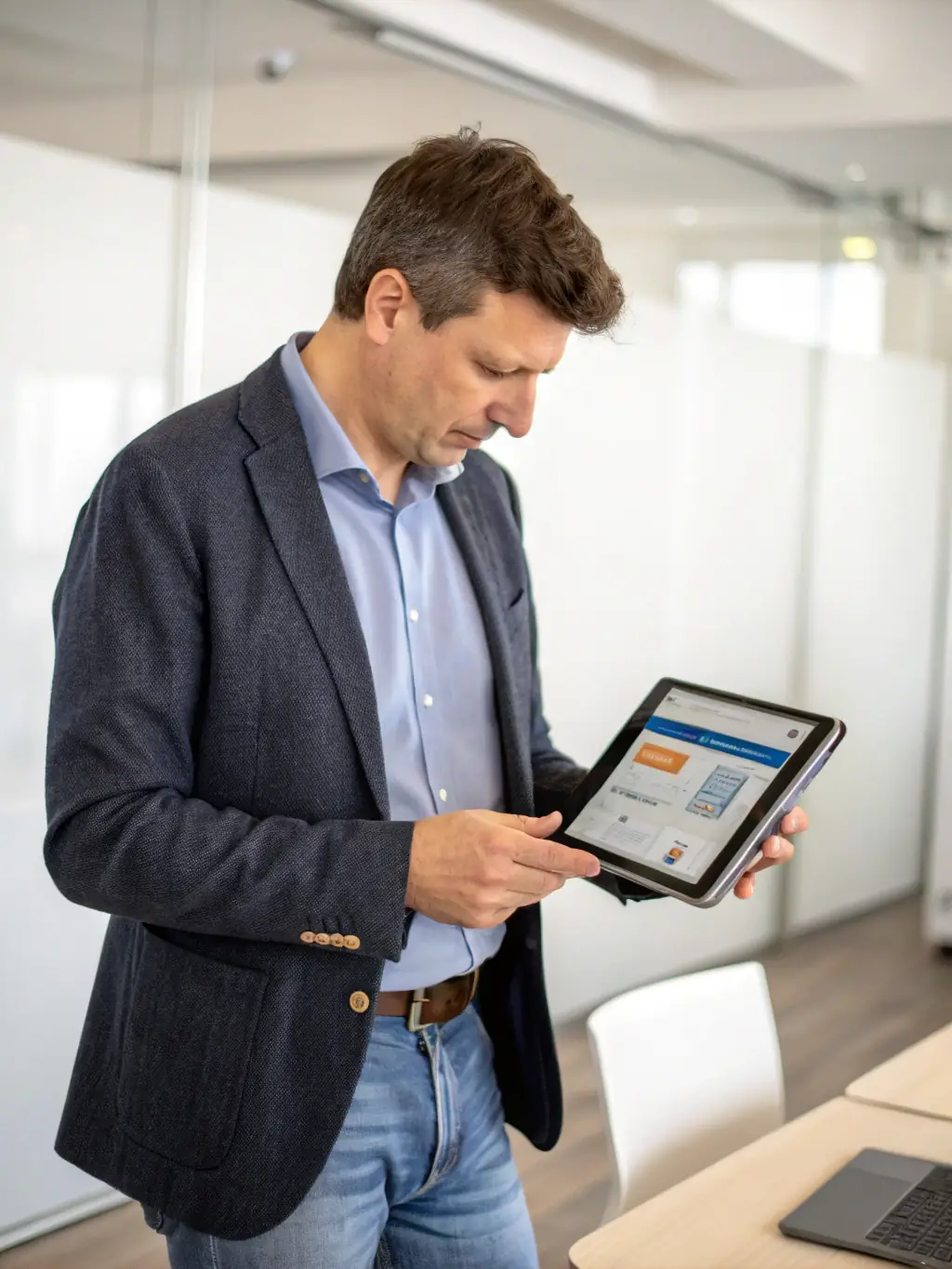 A business owner reviewing flexible payment plans on a tablet, highlighting the convenience of financing.