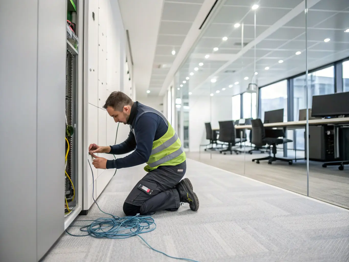 A professional technician from Network Cabling Atlanta installing Cat6 cabling in a modern office environment, showcasing precision and expertise.