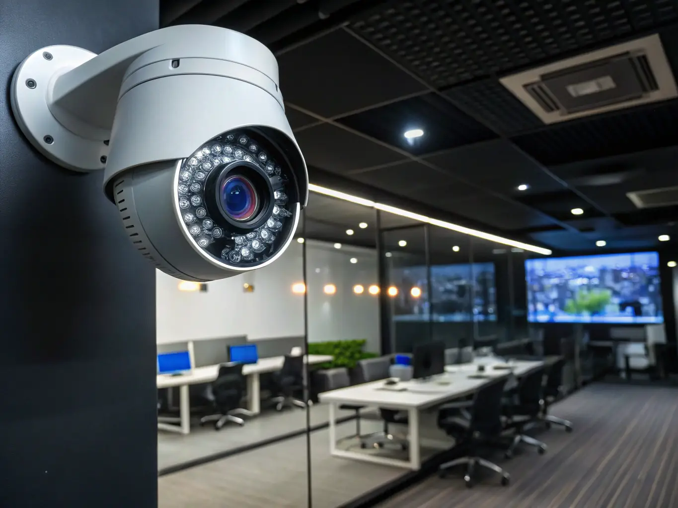 A high-resolution security camera discreetly mounted in a retail store, providing surveillance coverage of the sales floor, with structured cabling ensuring reliable video transmission.