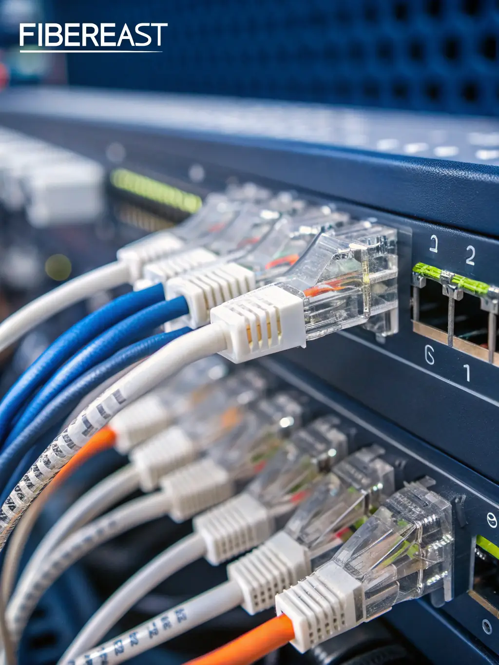 A close-up shot of fiber optic cables being installed in a hotel's communication room, emphasizing the speed and reliability of the fiber optic backbone.