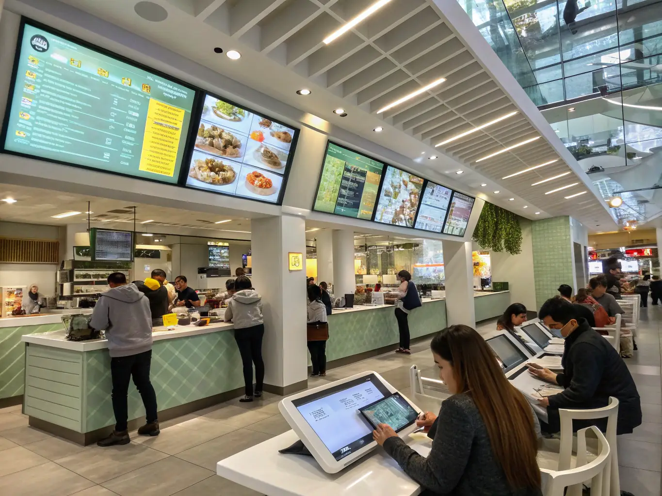 A brightly lit modern restaurant interior with a focus on the point-of-sale (POS) system being used by a staff member, highlighting the seamless technology integration.