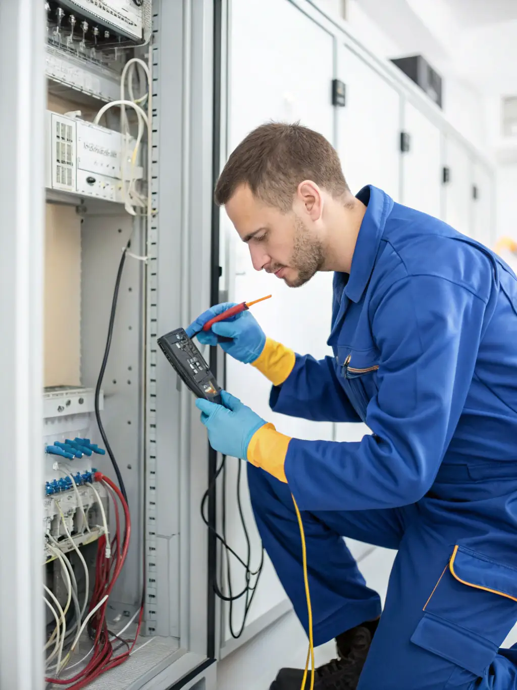 A technician carefully terminating Cat6 cables in a patch panel, highlighting the attention to detail and quality of the cabling installation.
