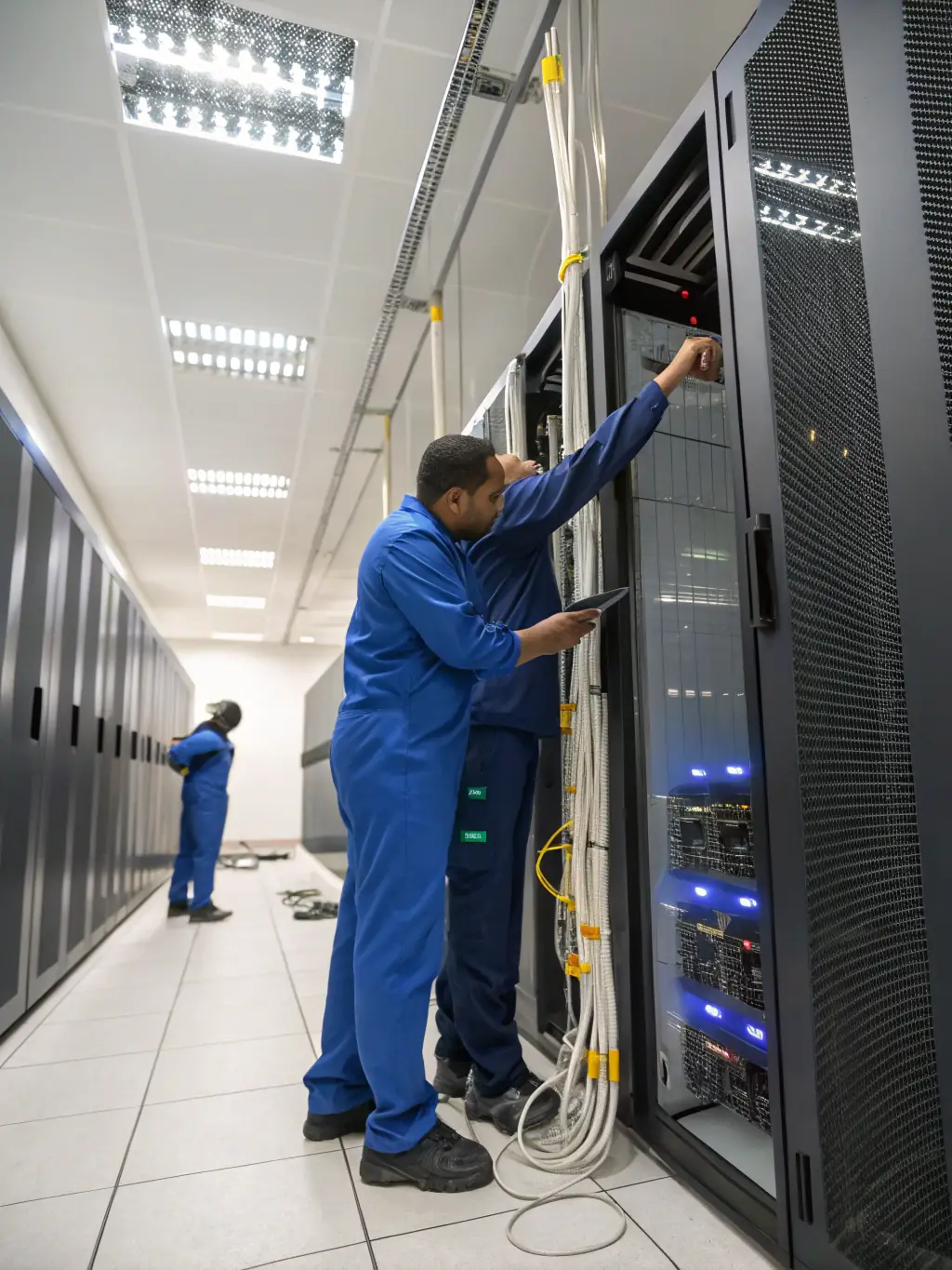 A team of technicians installing structured cabling in a server room, ensuring organized and efficient cable management.
