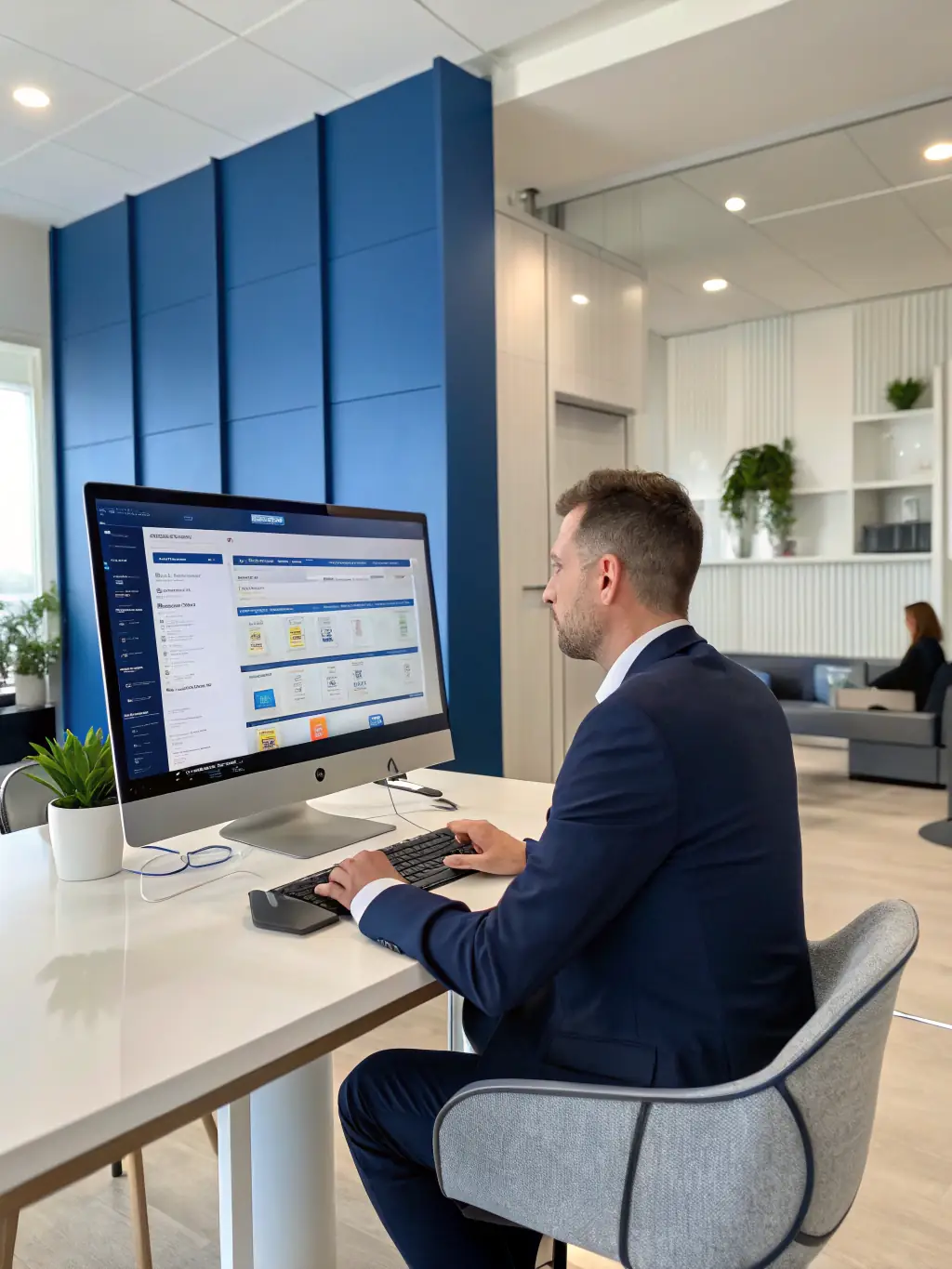A project manager reviewing blueprints with a client in a modern office setting, discussing network cabling plans.