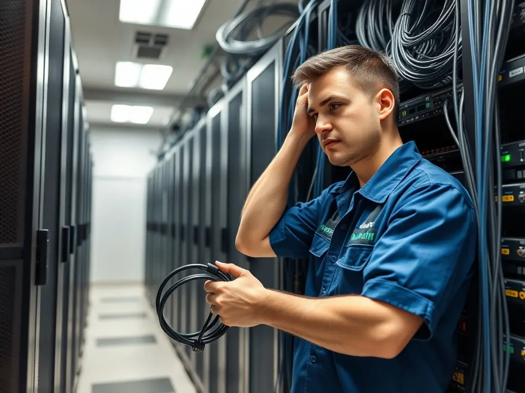 A technician expertly installing structured cabling in a modern office environment, showcasing precision and organization.