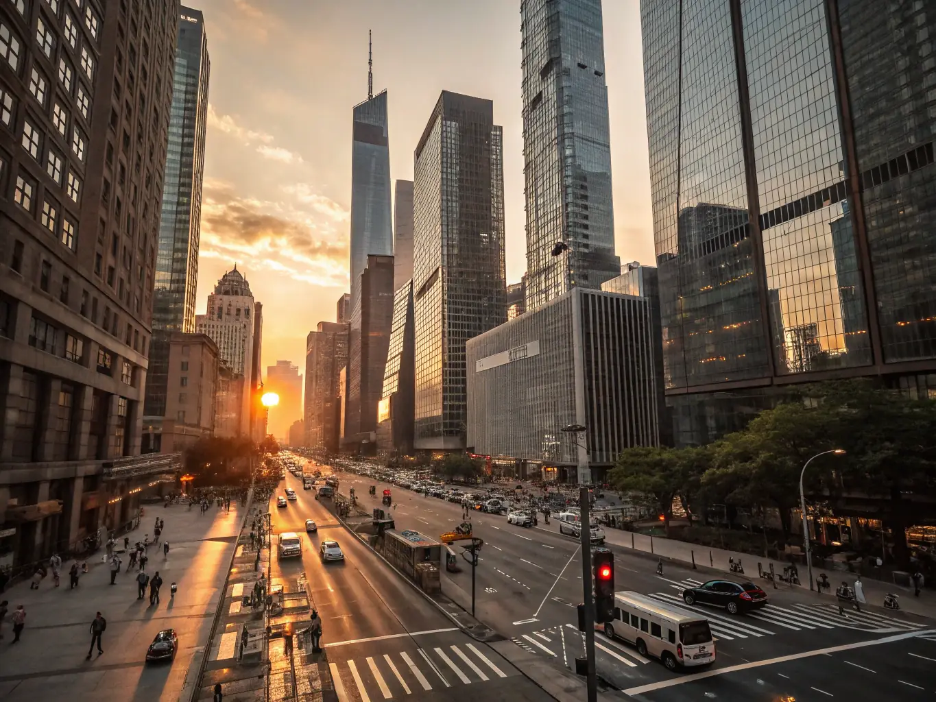 Several office buildings in a city skyline, representing multi-location enterprises.