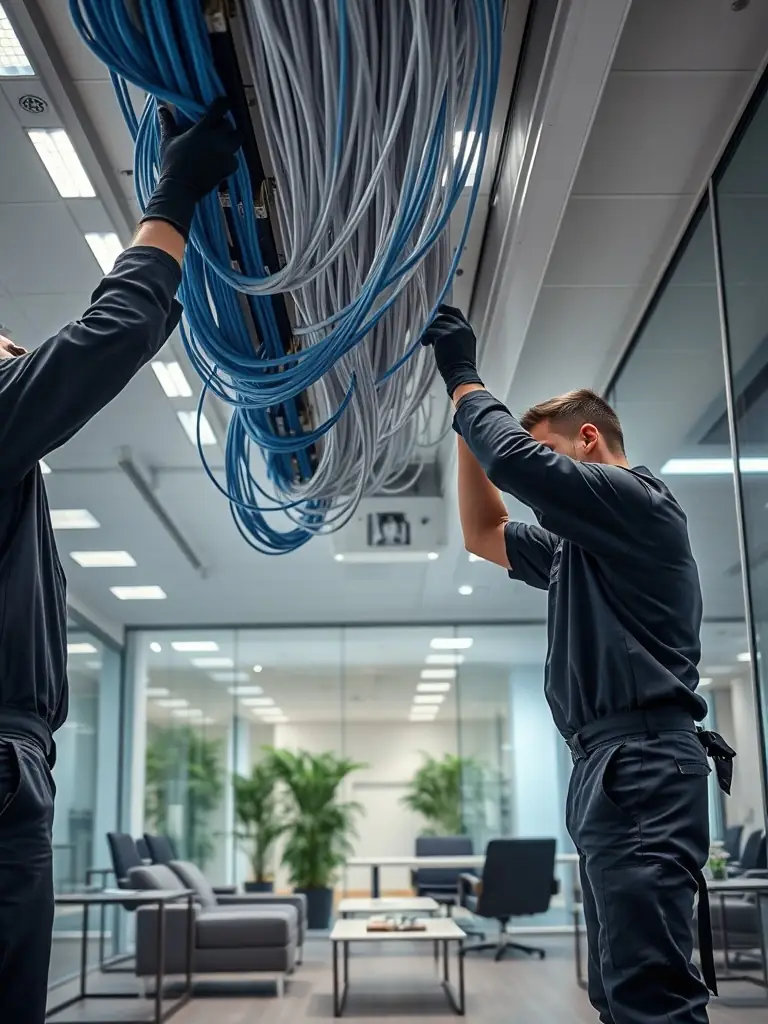 A technician installing the latest Cat6A cabling, showcasing access to cutting-edge technology through financing.