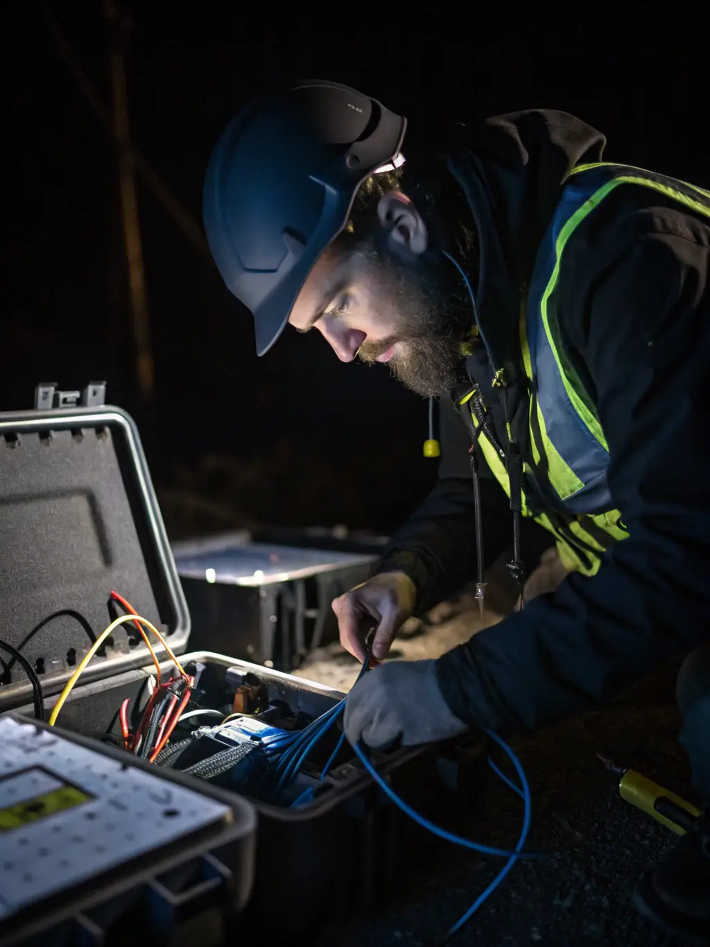 A technician using a Fluke tester to certify a newly installed network cable, ensuring optimal performance.