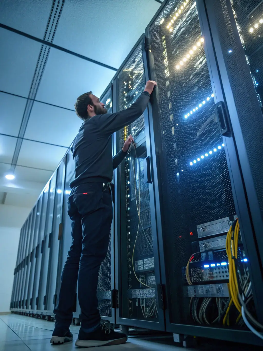 A network rack with modular components being added, illustrating the scalability benefit.