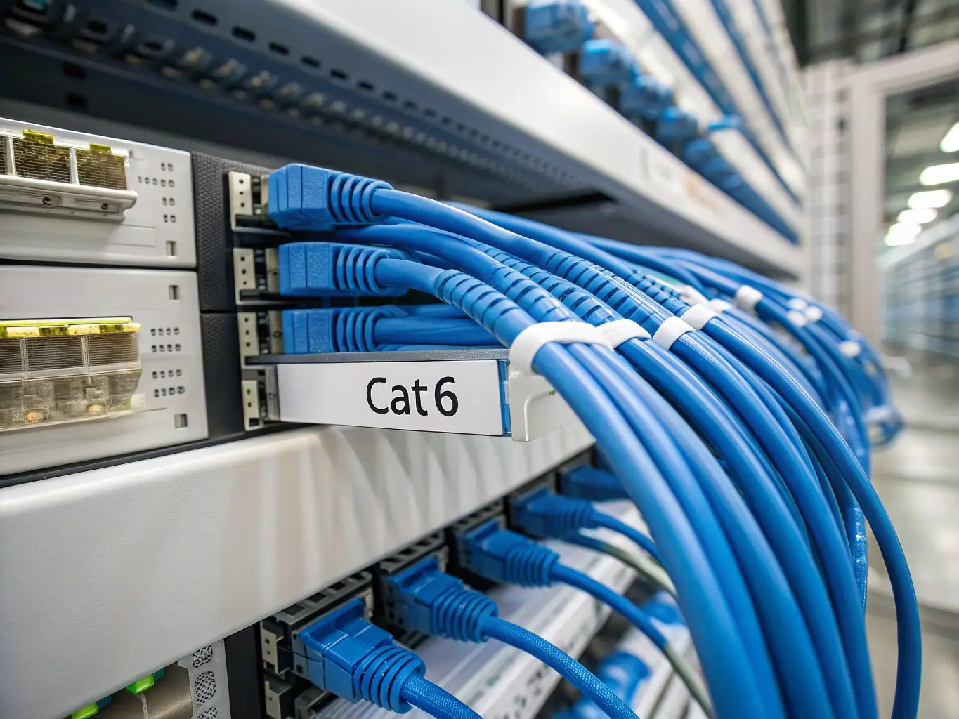 A close-up shot of neatly organized and labeled Cat6 cables in a data center rack, highlighting the precision and attention to detail in Network Cabling Atlanta's installations.