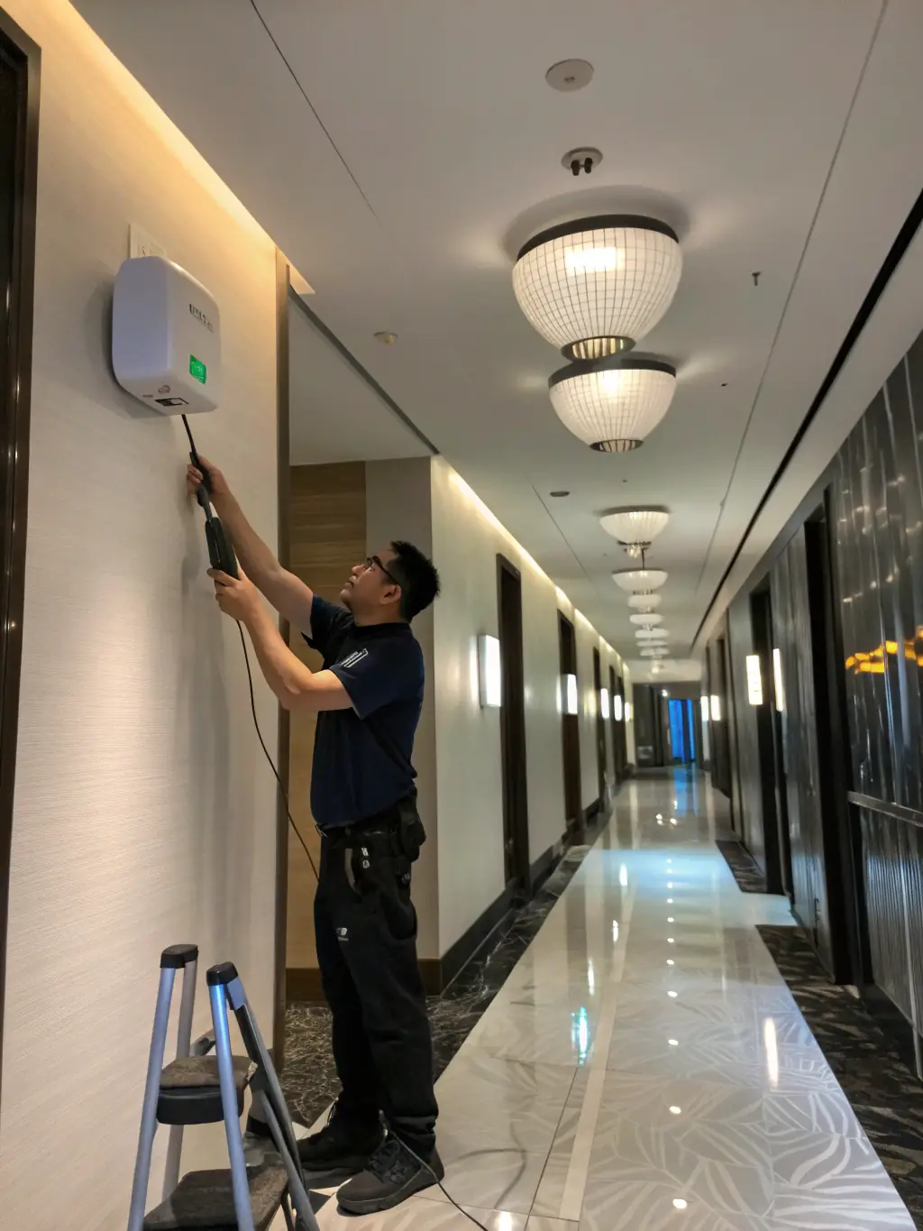 Technicians installing WiFi access points in a modern office environment, ensuring seamless wireless connectivity throughout the workspace.
