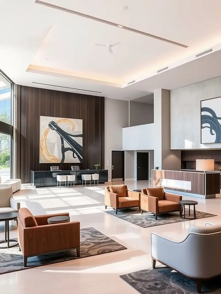 A modern hotel lobby with guests using various devices connected to the Wi-Fi, showcasing seamless connectivity.