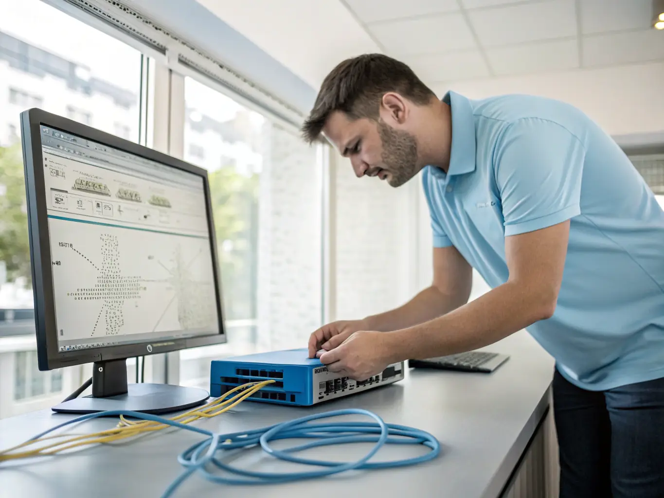 A technician performing a remote diagnostic check on a network device, showcasing the troubleshooting capabilities of Network Cabling Atlanta's Smart Hands IT Support.