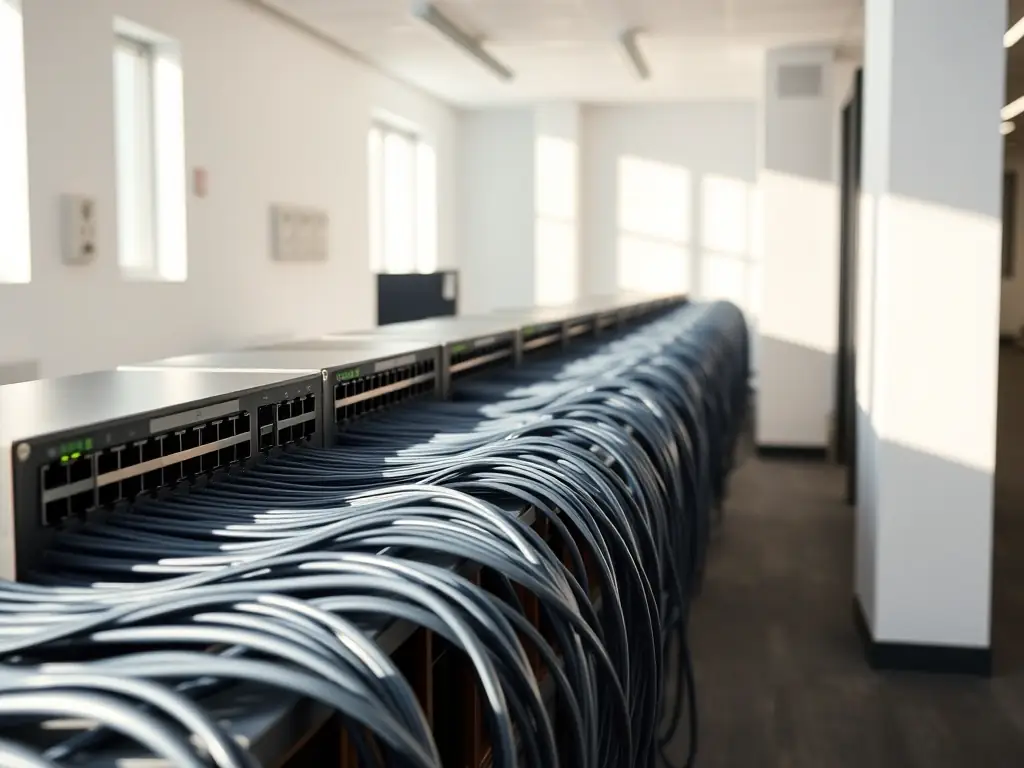 A close-up of color-coded cables neatly organized and labeled in a healthcare facility, demonstrating the importance of clear documentation and easy maintenance in complex network environments.