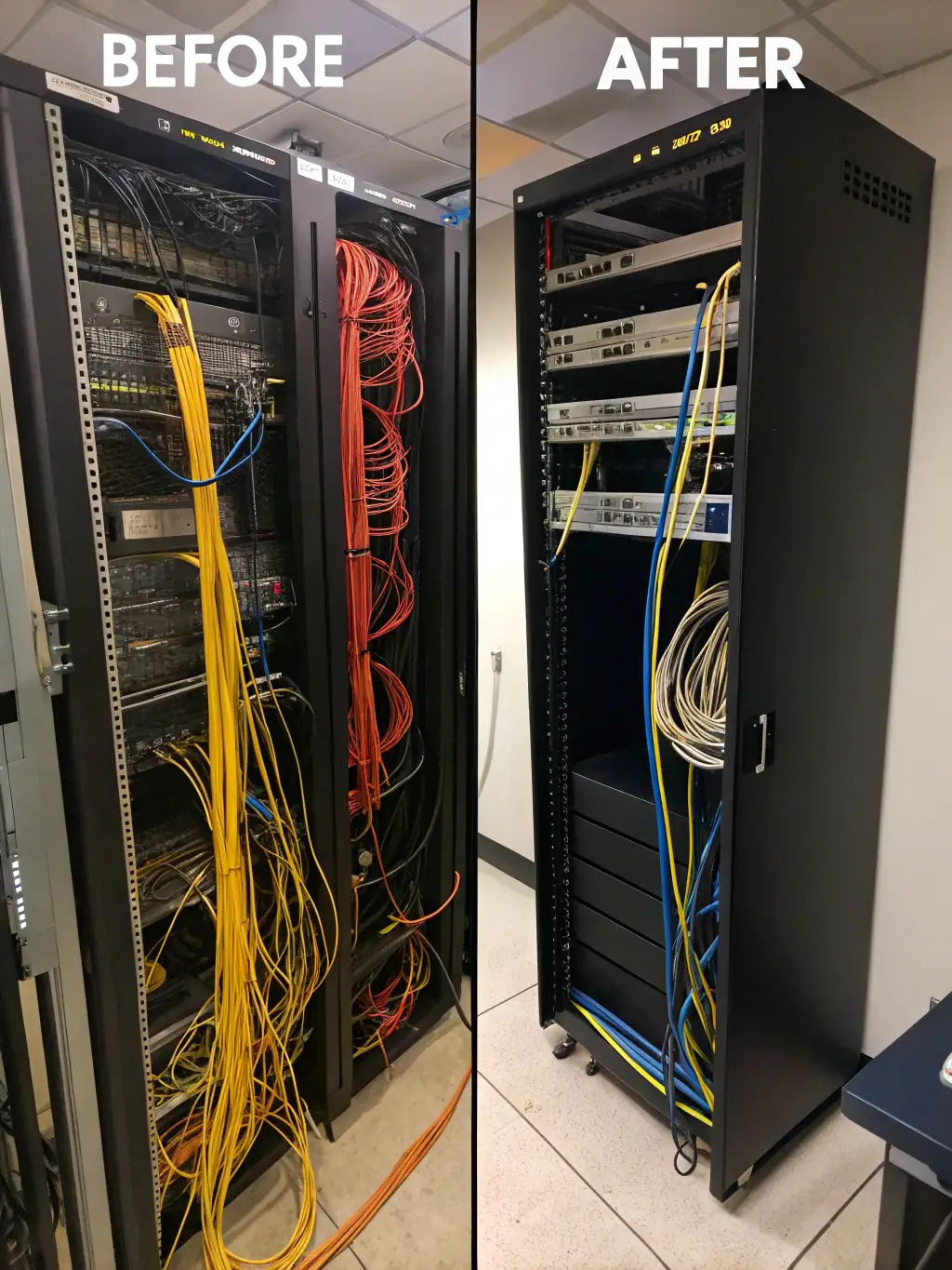 A before-and-after shot of a messy cabling setup transformed into a clean and organized one by Network Cabling Atlanta, demonstrating the aesthetic and functional benefits of professional cabling.