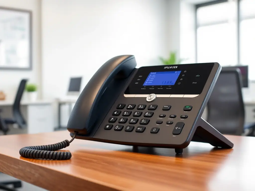 A modern VoIP phone system in a financial office, highlighting clear communication and advanced features for efficient customer service and internal collaboration.