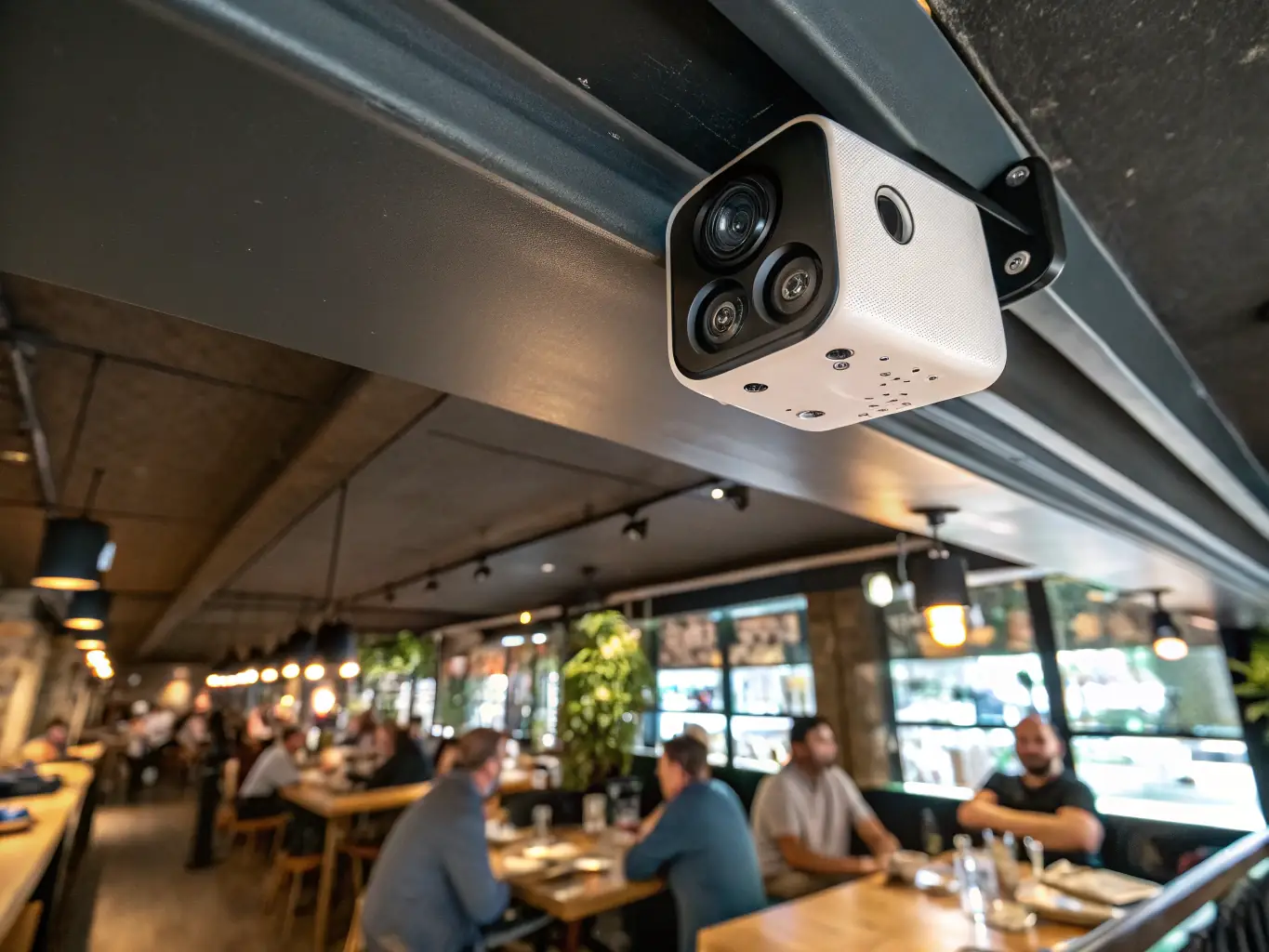 A security camera discreetly mounted in a restaurant, capturing a wide view of the dining area, symbolizing safety and security.