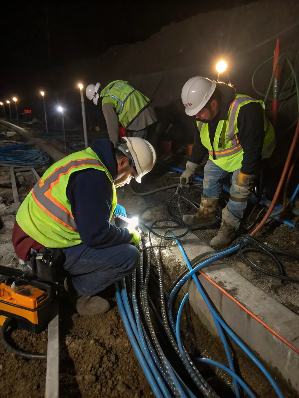 A wide shot of a team of technicians working on a large-scale fiber optic cabling project in a modern office building, demonstrating nationwide deployment capabilities.