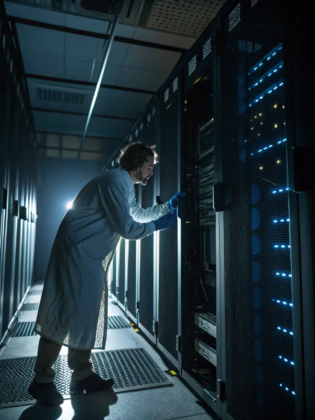 A technician remotely guiding a worker on-site through a complex server installation in a data center environment, emphasizing precision and real-time problem-solving.