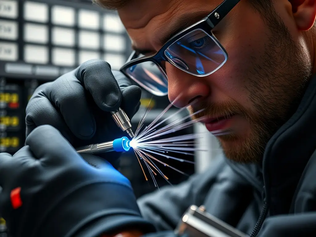 A close-up shot of a fiber optic cable being professionally spliced by a certified technician in a data center environment, highlighting the precision and expertise involved.