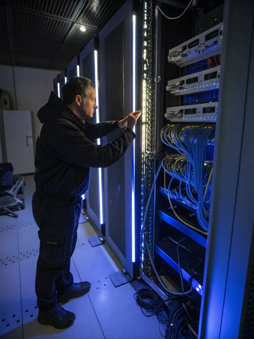 A close-up shot of a technician meticulously installing a network switch in a server rack, highlighting attention to detail and proper cable management.
