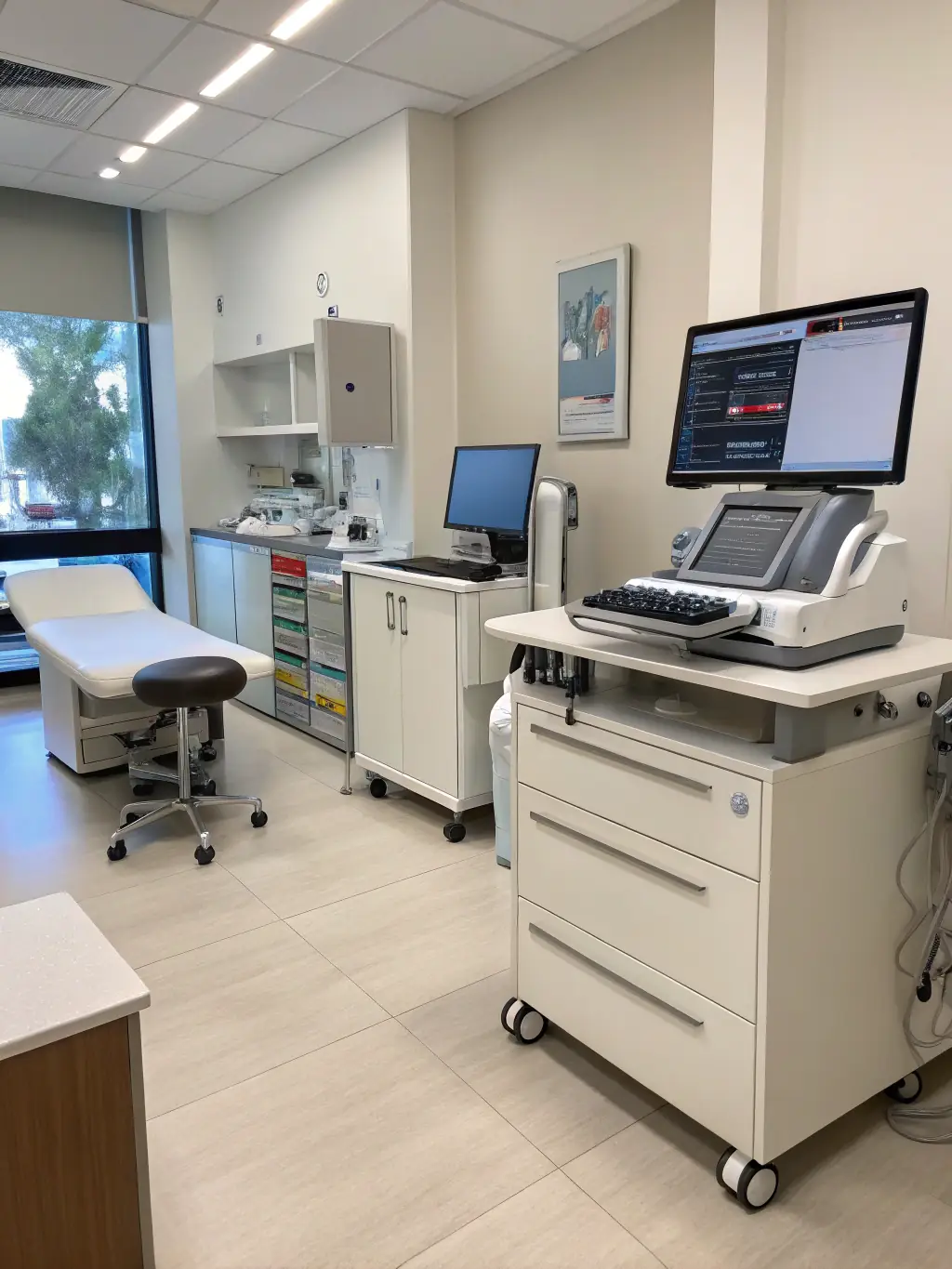 A modern medical office reception area with computers and medical equipment connected to a secure network, showcasing the importance of reliable connectivity.