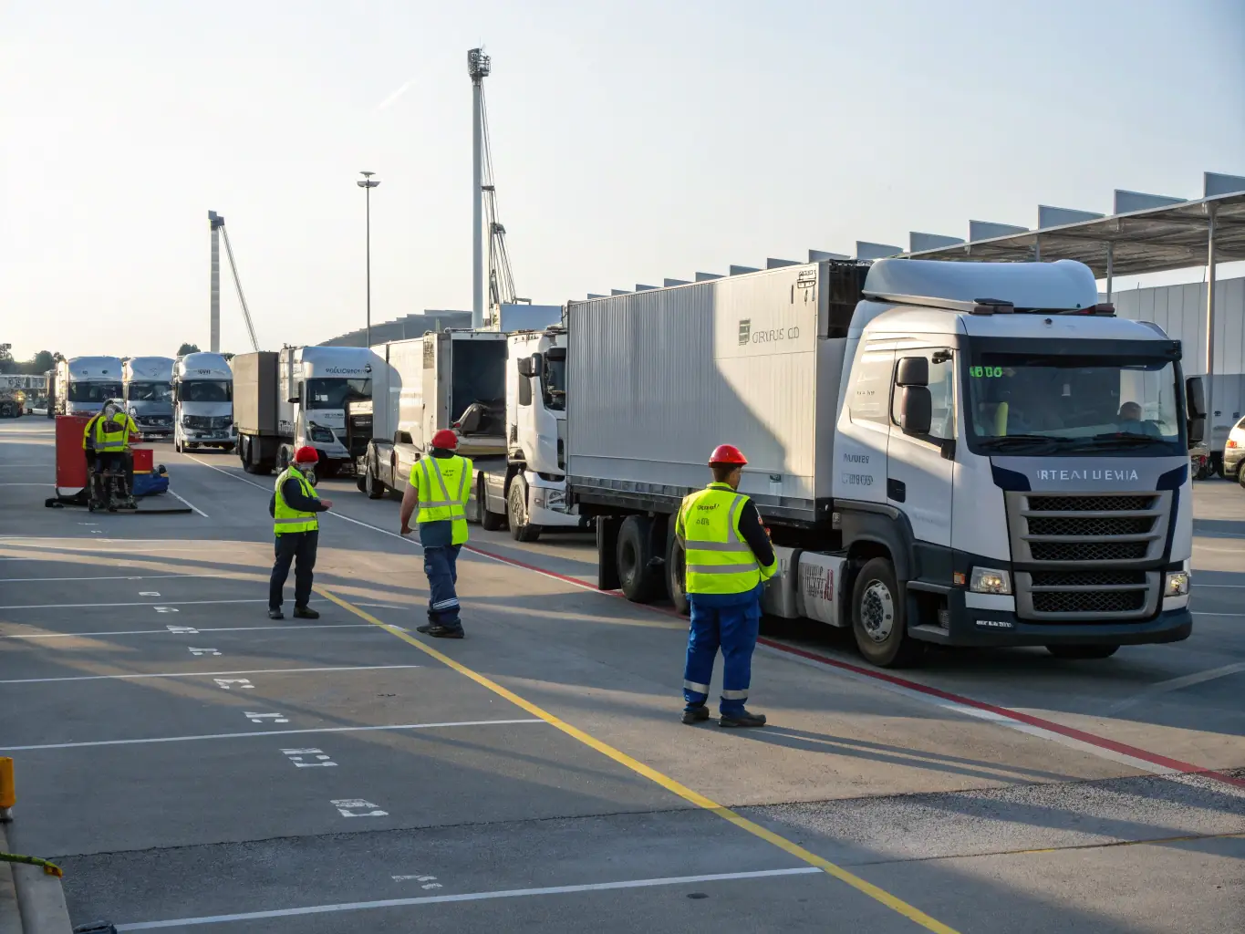 A wide shot of a transportation hub with multiple trucks and shipping containers, emphasizing the outdoor wireless links providing connectivity for remote operations and data collection.