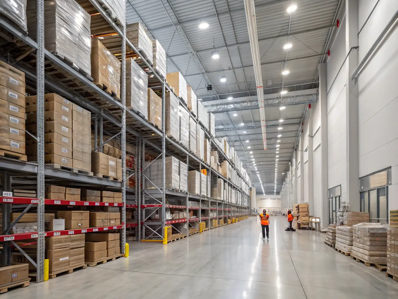A large warehouse with high ceilings and rows of shelves, representing warehouse environments.