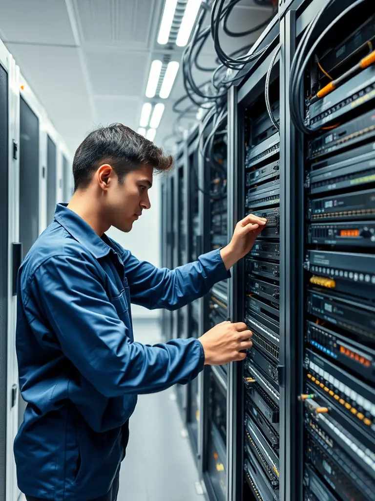 A technician installing and testing network cables in a medical office, highlighting the precision and expertise of Network Cabling Atlanta's services.