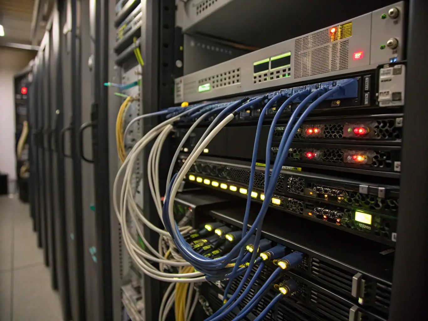 A detailed close-up shot of neatly installed Cat6A cables in a server room, highlighting the color-coded organization and professional installation quality.
