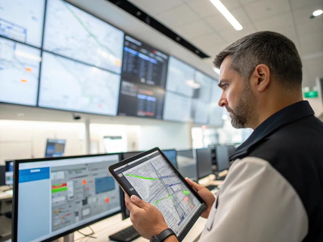 A dispatcher using a real-time tracking system on a computer screen, showcasing the benefits of logistics cabling for monitoring and managing fleet operations.