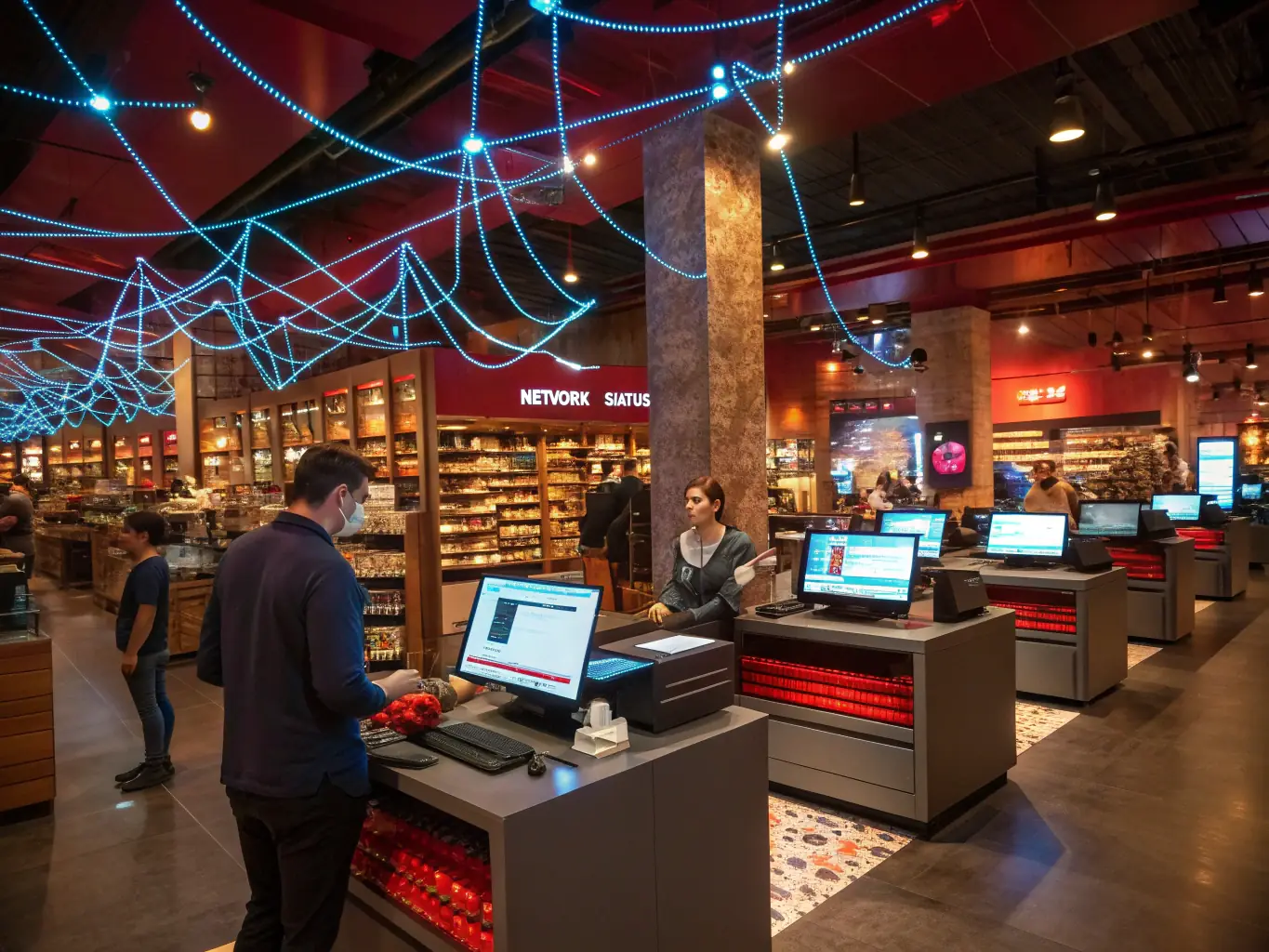 A well-designed retail space with customers browsing, showcasing a seamless and robust Wi-Fi network setup, ensuring reliable connectivity for both customers and staff.