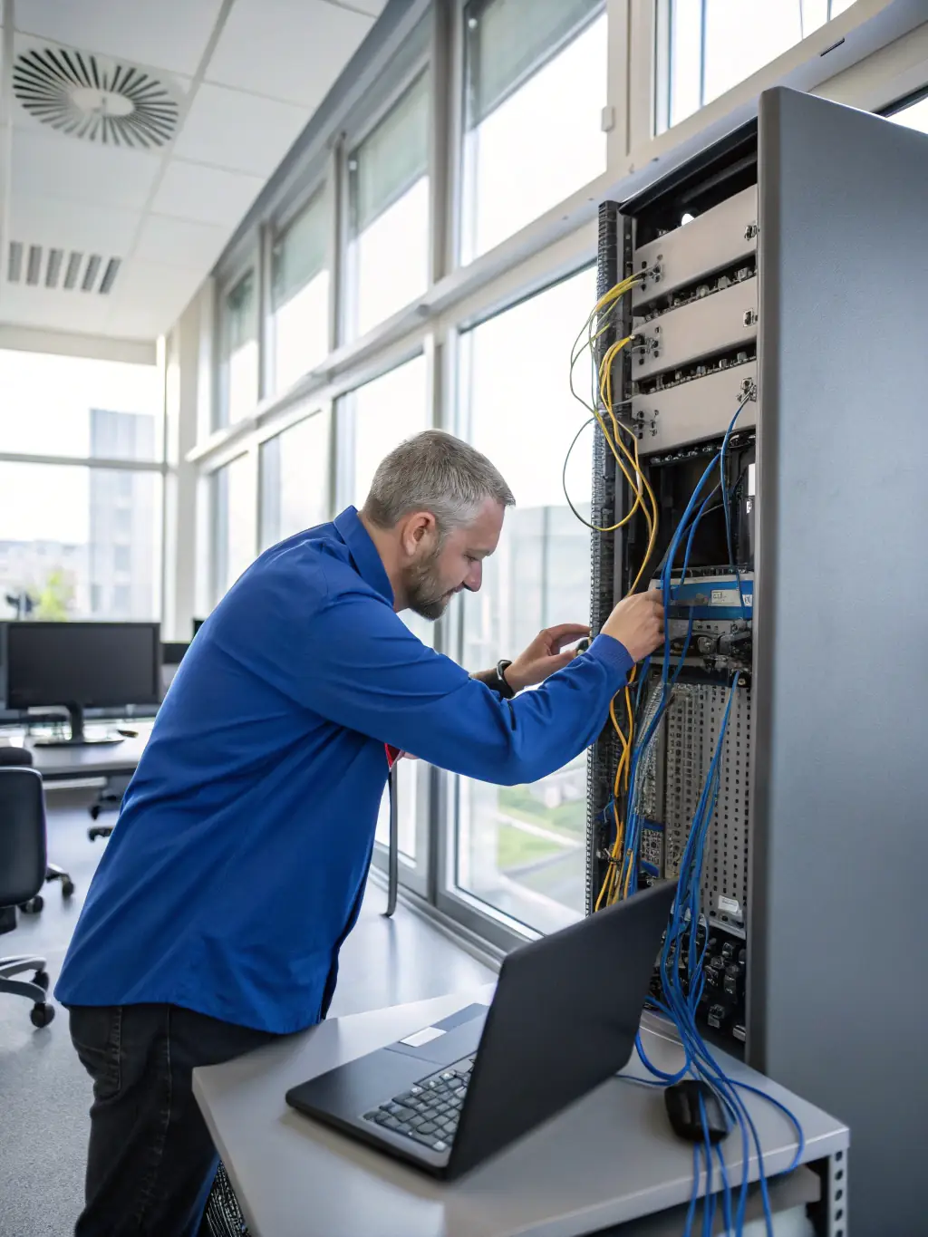 A technician using diagnostic tools to troubleshoot a network issue in a busy office environment, showcasing quick problem identification and resolution.
