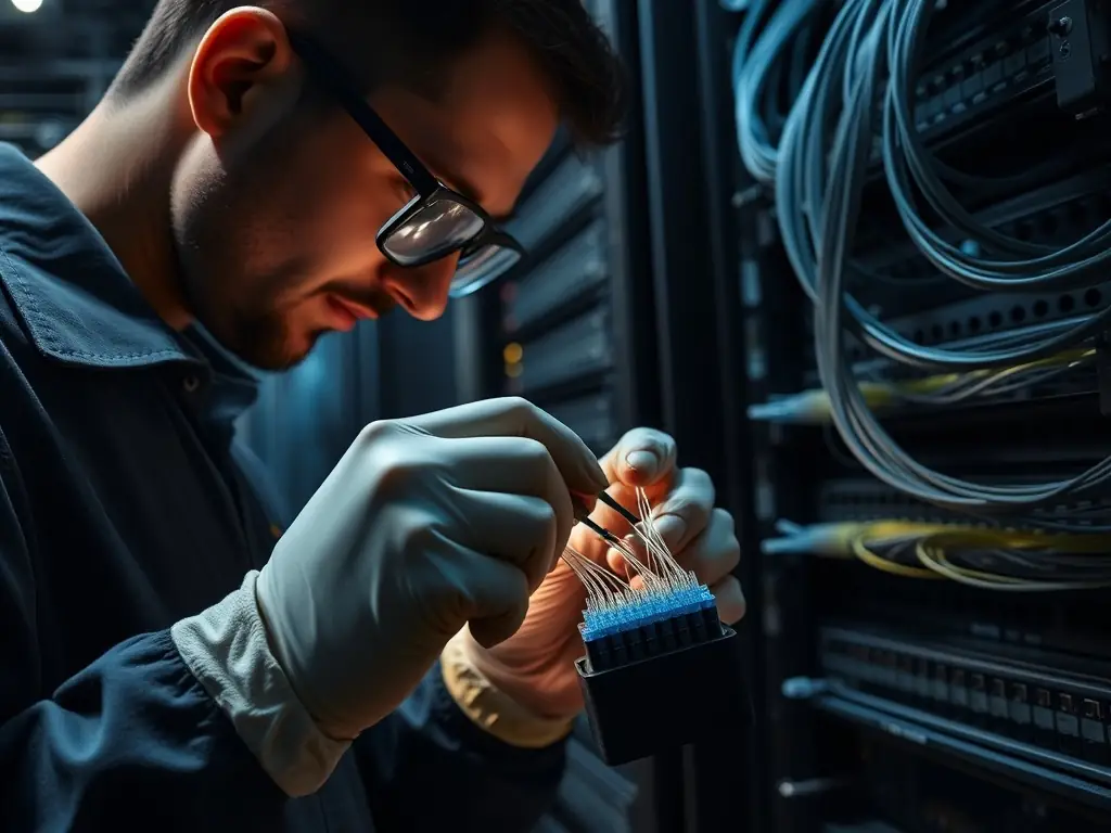 A team of network cabling technicians working on a fiber optic splicing project, highlighting the company's expertise in fiber optic installations.