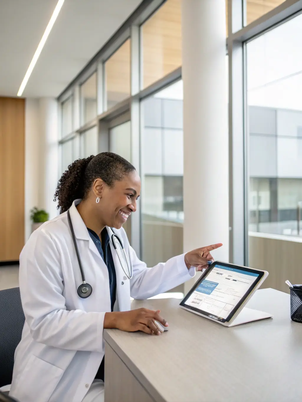 A medical professional using a tablet with a secure network connection, illustrating seamless access to patient records and diagnostic tools.