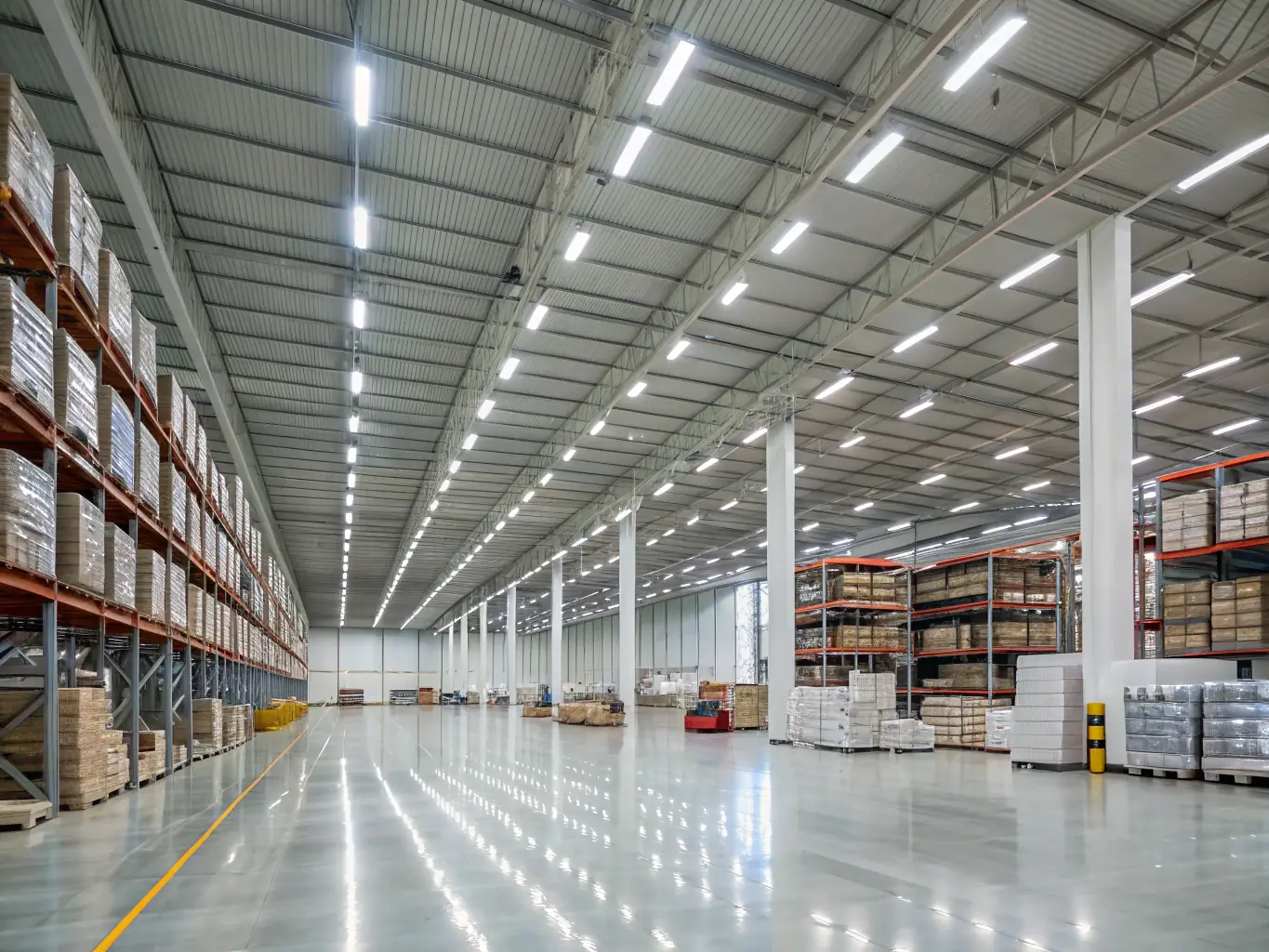 An interior shot of a large, well-organized warehouse, highlighting the structured cabling and wireless access points that support inventory management systems and automated processes.