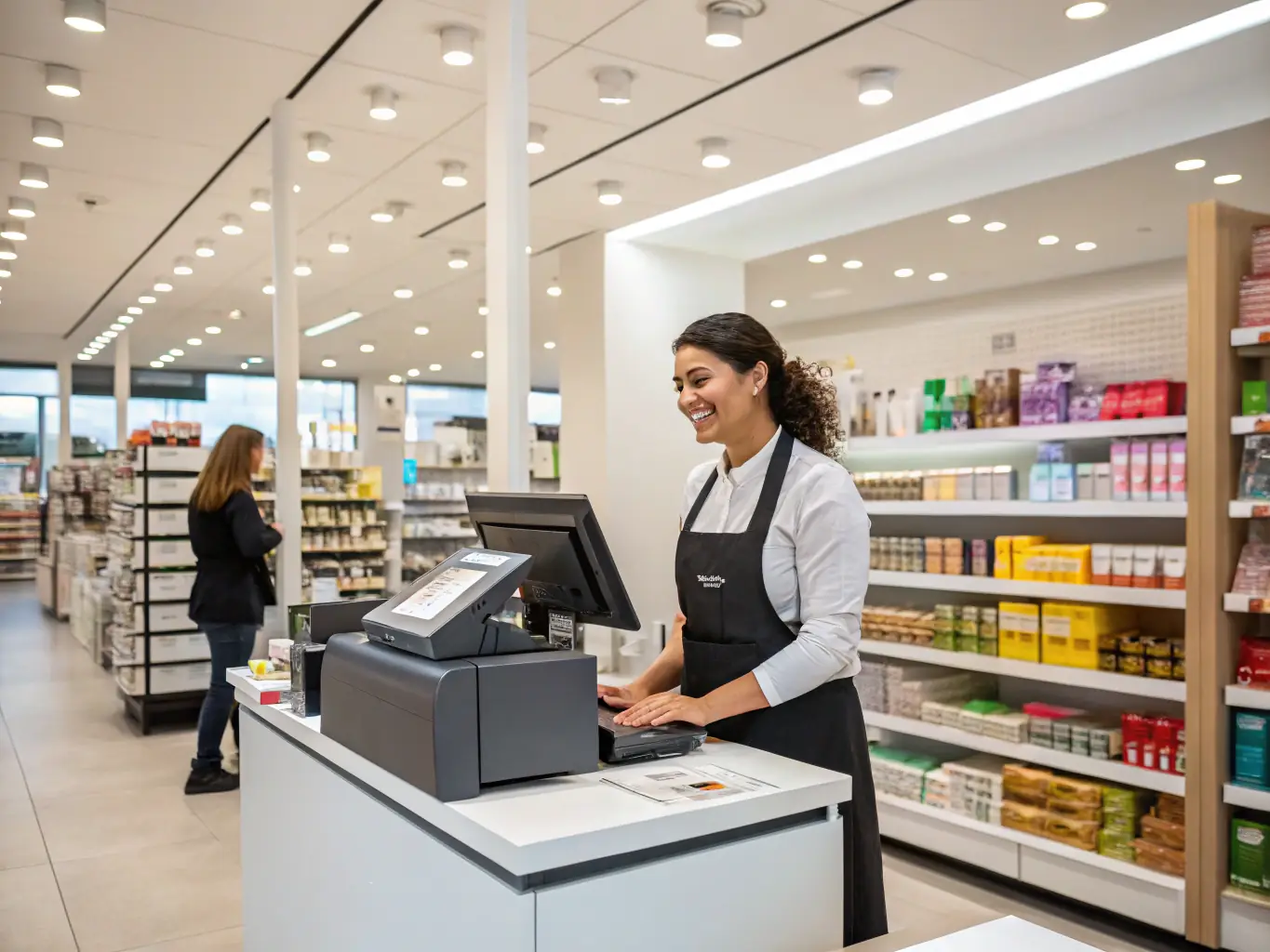 A retail store employee assisting a customer at a modern point-of-sale (POS) system, with structured cabling neatly installed and visible in the background, ensuring smooth transactions.
