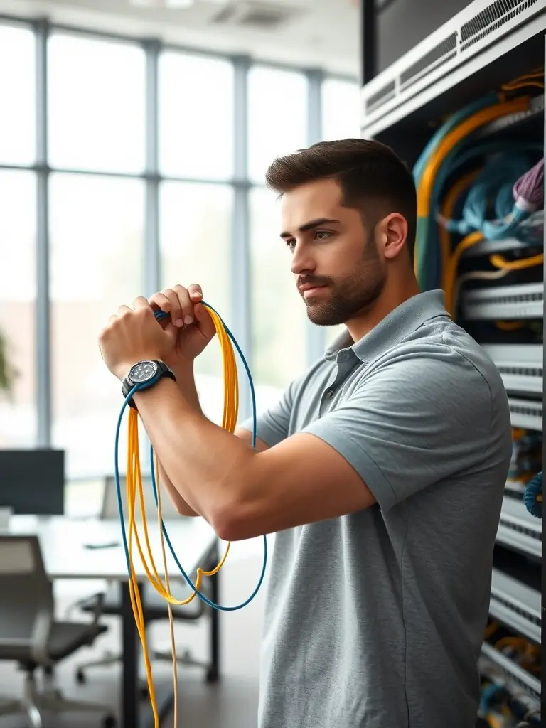 A technician installing Cat6A cabling in a medical office, emphasizing the quality and precision of the installation process.