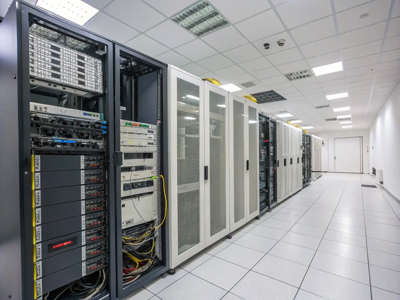 A clean and organized server room in a hospital, showcasing neatly arranged cables and equipment, highlighting the importance of efficient cable management in healthcare settings.