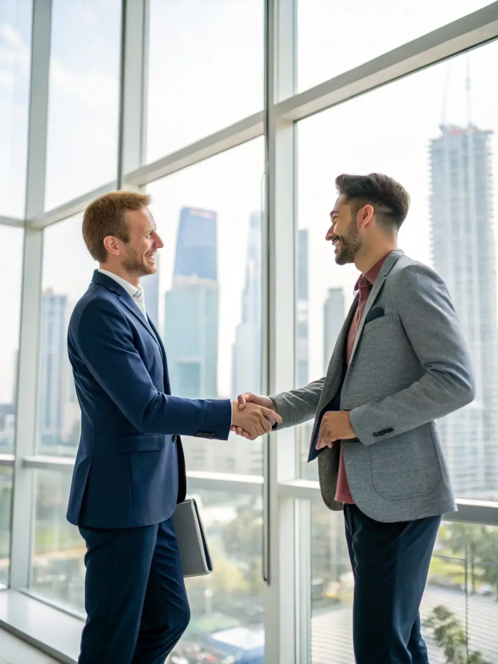 A professional businessman shaking hands with a Network Cabling Atlanta representative in a modern office setting, symbolizing the initial consultation and agreement on financing terms.