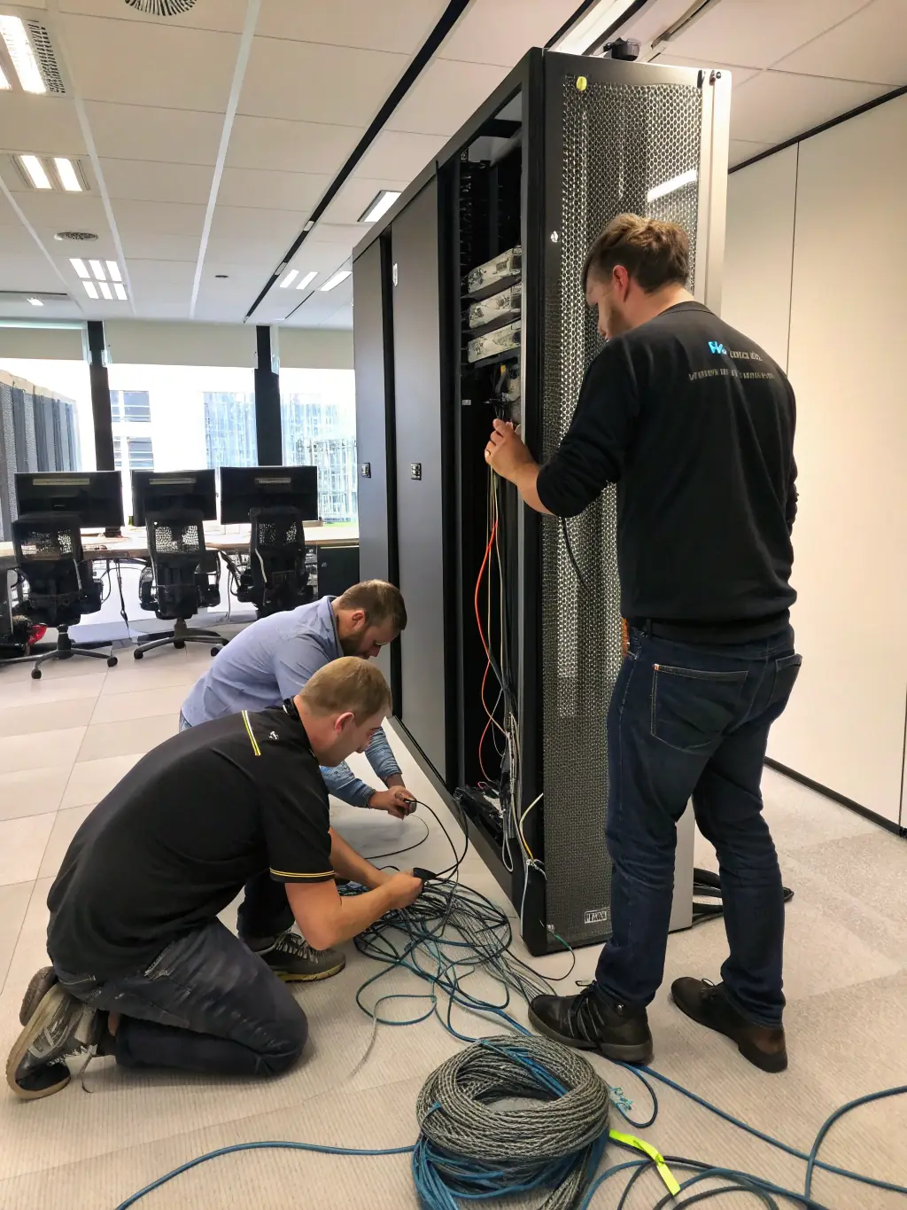 A picture of technicians working diligently during an office relocation, ensuring minimal disruption to the company's operations.