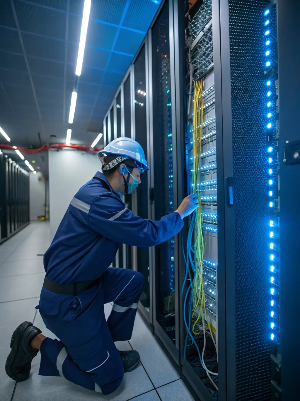 A professional installation of fiber optic cables being neatly organized in a data center environment, showcasing precision and high-quality workmanship.